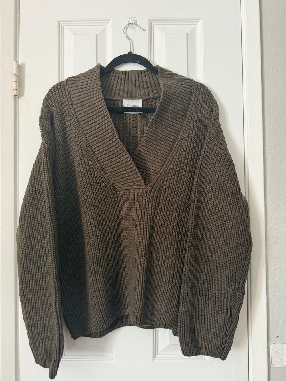 Stitches Olive Ribbed V-Neck Pullover Sweater